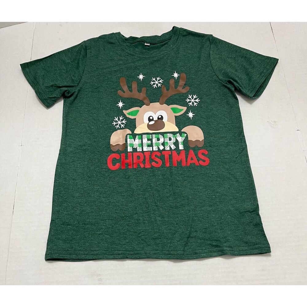 Kids Christmas Reindeer T-Shirt Green Merry Christmas Short Sleeve Size 150